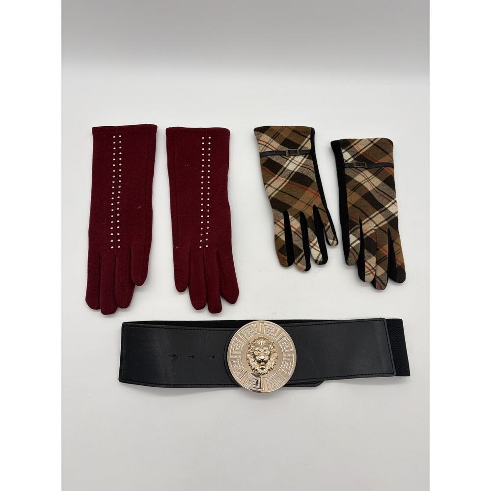 Women's Belt & Gloves Set Lion Buckle Studded Belt Touchscreen Gloves